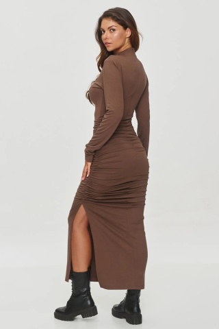 Rochie mulata cu drapaje si slit, maro - Makadamia M841 - Img 3