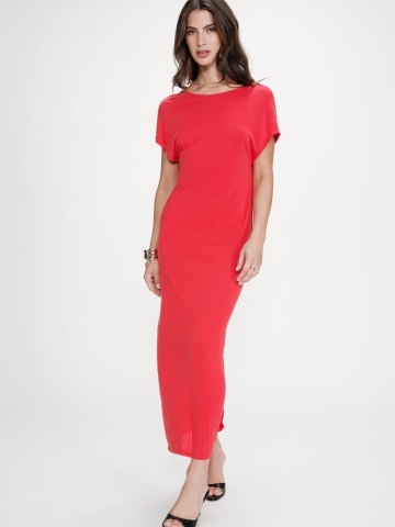 Rochie Peace rosu coral lunga lejera cu maneca scurta - Img 2