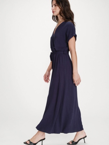 Rochie Pollen lunga navy blue cu maneca scurta si cordon in talie