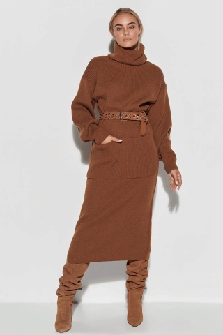 Rochie tricotata tip pulover, cu guler inalt si buzunare, maro - S105 - Img 2