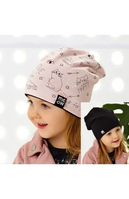 Caciula bumbac pentru fetite 1,5-7 ani (reversibil) - AJS 44-093 roz/negru - Img 1