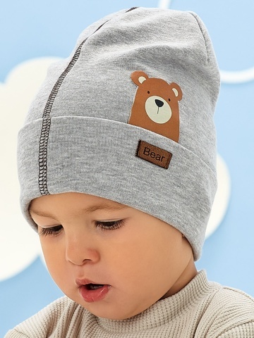 Caciula copii, model din bumbac gri melanj cu ilustratie Bear - AJS