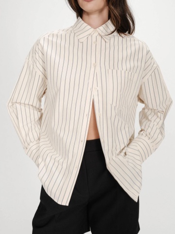 Camasa Valerie vanilie oversize cu dungi fine negre