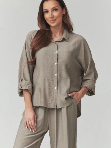Compleu lejer mocha cu pantaloni largi si camasa - C49 - Img 3