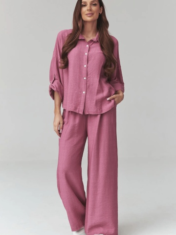 Compleu lejer roz indian cu pantaloni largi si camasa - C49