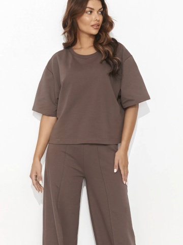 Compleu trening ciocolatiu din bumbac cu pantaloni conici si bluza lejera - NU475 - Img 3