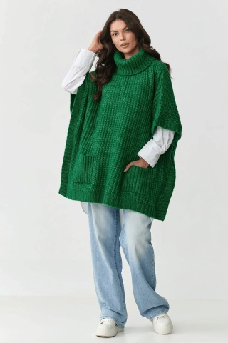Pulover tip poncho cu guler inalt si buzunare, verde - S160 - Img 2