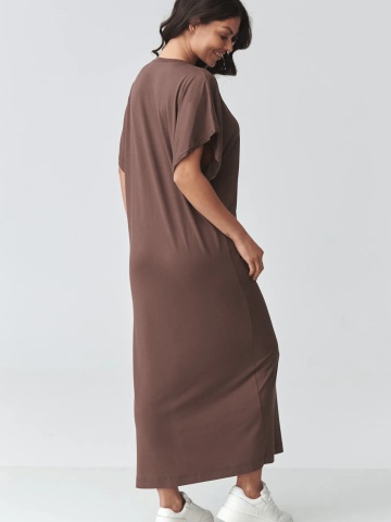 Rochie ciocolatie oversize lunga lejera cu slit lateral - M927 - Img 3