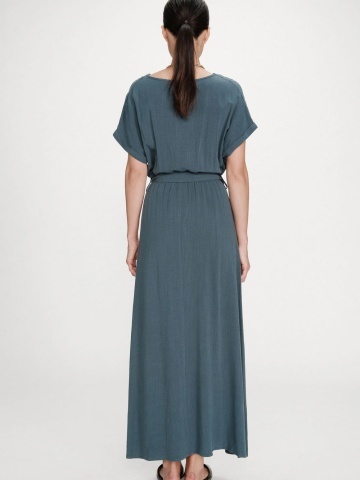 Rochie Pollen lunga verde petrol cu maneca scurta si cordon in talie - Img 5
