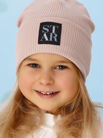 Caciula tip beanie roz pentru fetite, cu eticheta STAR