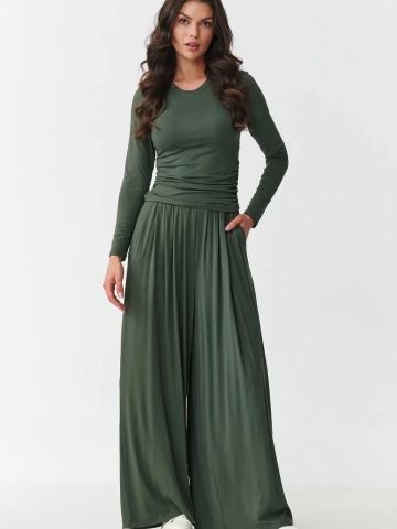 Compleu dama cu pantaloni largi si bluza cu incretituri, kaki - M892 - Img 5