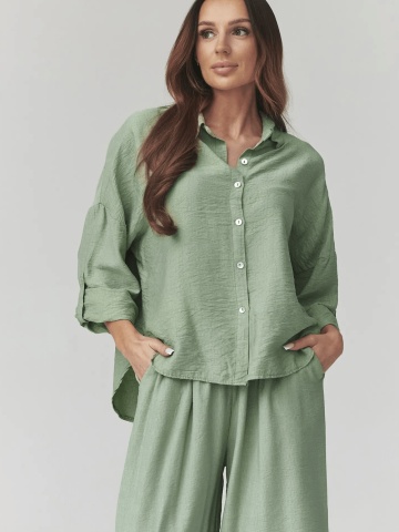 Compleu lejer verde olive cu pantaloni largi si camasa - C49 - Img 2