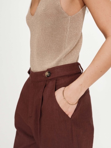 Pantaloni Vanelis din in chocolate cu talie inalta - Img 3