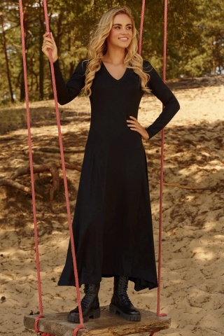 Rochie lunga din tricot cu decolteu in V, neagra - M809