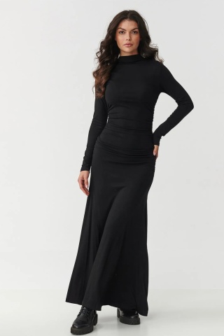 Rochie maxi cu guler inalt si incretituri, neagra - M897