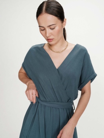 Rochie Pollen lunga verde petrol cu maneca scurta si cordon in talie - Img 2