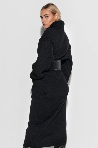 Rochie tricotata tip pulover, cu guler inalt si buzunare, neagra - S105 - Img 2