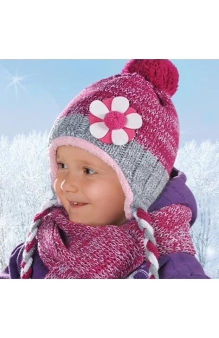 Set caciula si fular pentru fete 1,5-5 ani - AJS 26-247 mov, magenta cu gri si magenta cu bleumarin - Img 1