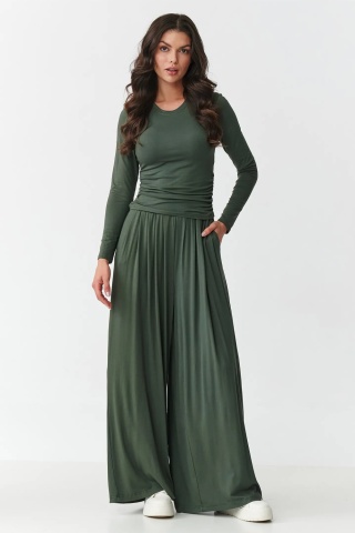 Compleu dama cu pantaloni largi si bluza cu incretituri, kaki - M892