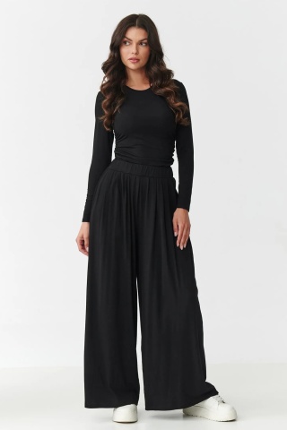 Compleu dama cu pantaloni largi si bluza cu incretituri, negru - M892
