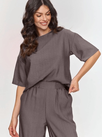 Compleu elegant mocha cu pantaloni largi si bluza dreapta - M881 - Img 2