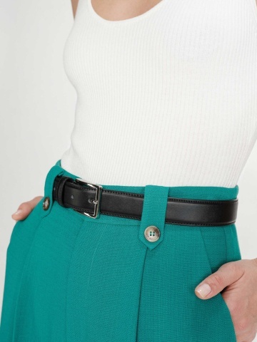 Pantaloni Pierre verde turcoaz drepti cu talie medie-inalta si pliuri - Img 3