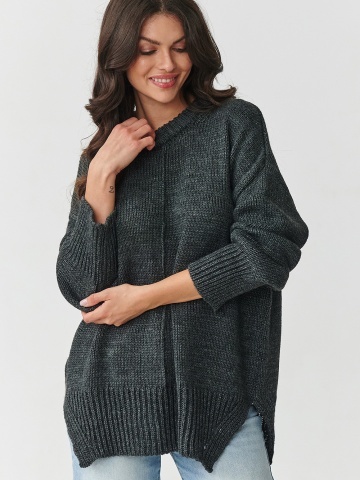 Pulover dama oversize cu cusatura decorativa, grafit melange - S159