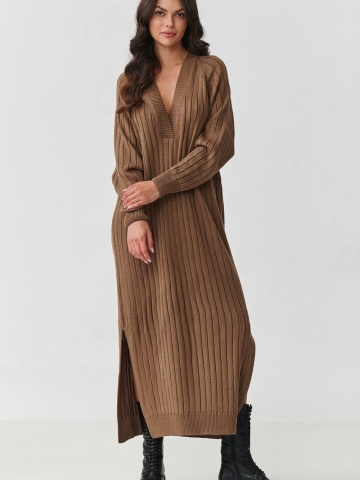 Pulover lung tip rochie cu decolteu in V, cappuccino - S161