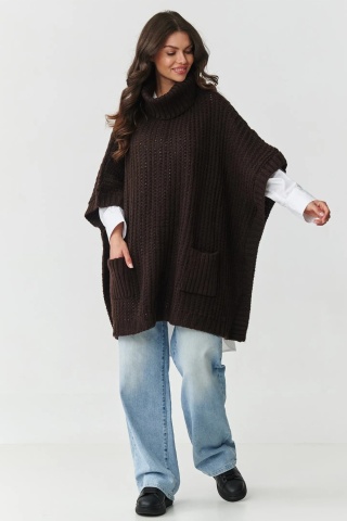 Pulover tip poncho cu guler inalt si buzunare, maro ciocolatiu - S160 - Img 2
