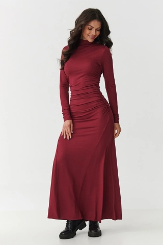 Rochie maxi cu guler inalt si incretituri, bordo - M897