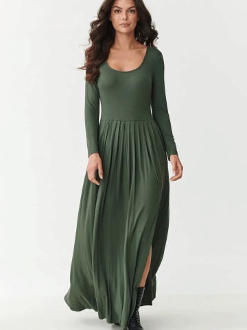 Rochie maxi kaki evazata cu maneca lunga si slit lateral - Makadamia M896 - Img 3