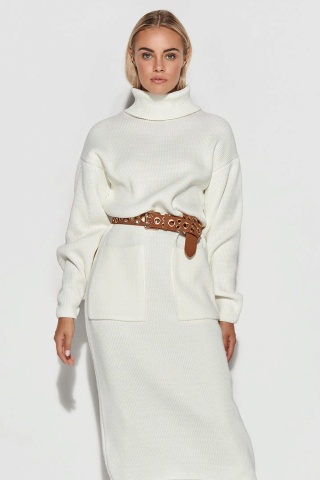 Rochie tricotata tip pulover, cu guler inalt si buzunare, ivory - Makadamia S105 - Img 4