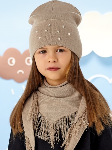 Set caciula si fular din bumbac si acril, cu perlute decorative