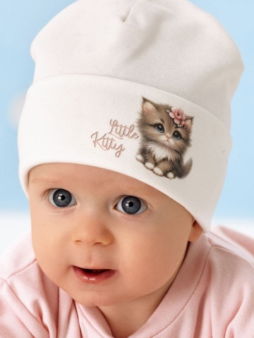 Caciula bebe, model crem din bumbac cu pisicuta Little Kitty - AJS