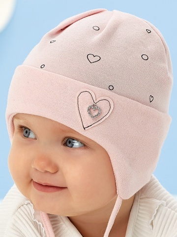 Caciula bebe, model roz din bumbac cu inima brodata - AJS