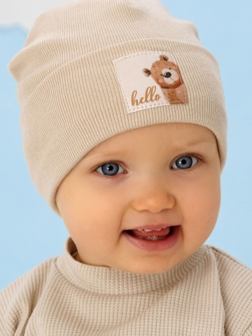Caciula pentru baieti bumbac bej uniform, model simplu cu urs - AJS