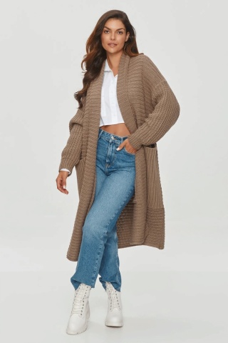 Cardigan lung de dama cu buzunare mari, cappuccino - Makadamia S153 - Img 2