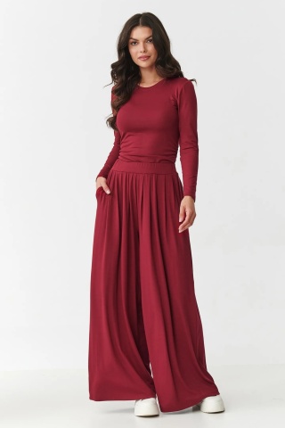 Compleu dama cu pantaloni largi si bluza cu incretituri, bordo - M892
