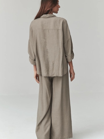 Compleu lejer mocha cu pantaloni largi si camasa - C49 - Img 4