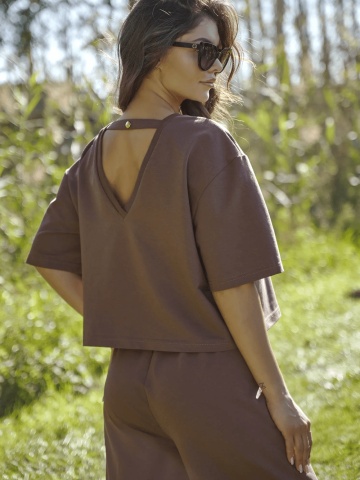 Compleu trening ciocolatiu din bumbac cu pantaloni conici si bluza lejera - NU475 - Img 4