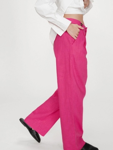 Pantaloni Vanelis din in fucsia cu talie inalta - Img 4