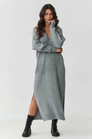 Pulover lung tip rochie cu decolteu in V, gri melange - Makadamia S161
