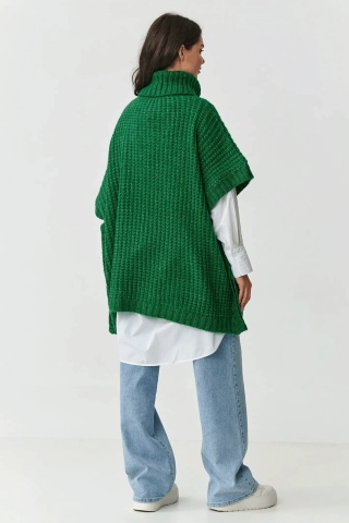 Pulover tip poncho cu guler inalt si buzunare, verde - S160 - Img 3