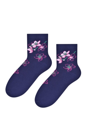 Sosete dama cu model floral, Steven S099-532D, bleumarin
