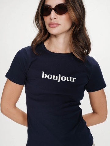 Tricou Vigée din bumbac navy blue cu mesaj