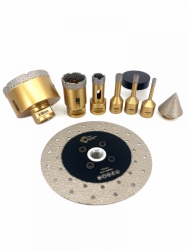Set carote diamantate pt. gresie portelanata & piatra - diam. 6, 8, 10, 20, 35, 68 (mm), freza conica, disc taiere si ceara PREMIUM - DXDY.GOLDrill.9SET - Img 2