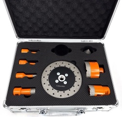 Set carote diamantate pt. gresie portelanata & piatra - diam. 6, 8, 10, 20, 35, 68 (mm), freza conica, disc taiere si ceara 3DTECH - Super PREMIUM - DXDY.NEODRILL.9SET - Img 1