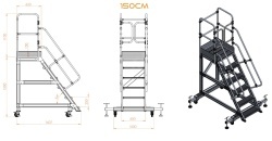 Scara industriala din aluminiu cu 3-8 trepte, platforma si roti ajustabile, h=100-225(cm), inaltime lucru 3-4,25(m) - CNO-SME-ALPL1 - Img 3