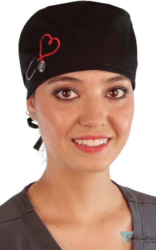Boneta Chirurgicala Black Cap with Heart Stethoscope Patch