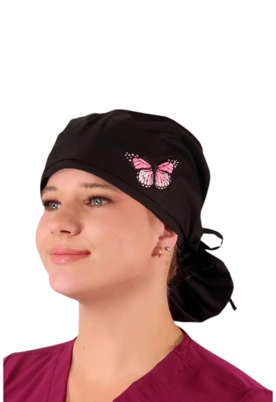Boneta Chirurgicala Par Lung - Pink Butterfly Patch on Solid Black Cap
